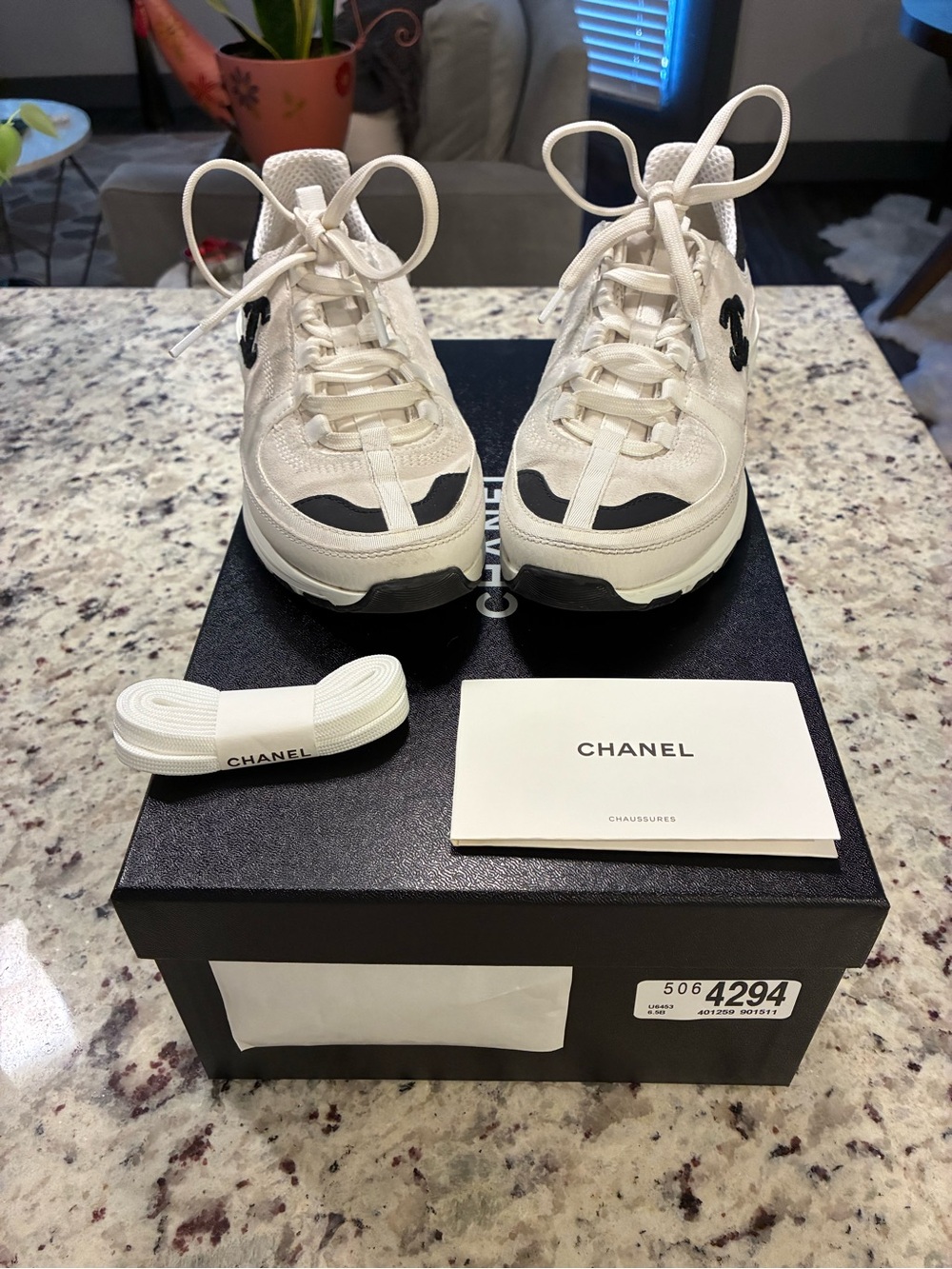 CHANEL White and Black Lace-Up Light Weight Sneakers